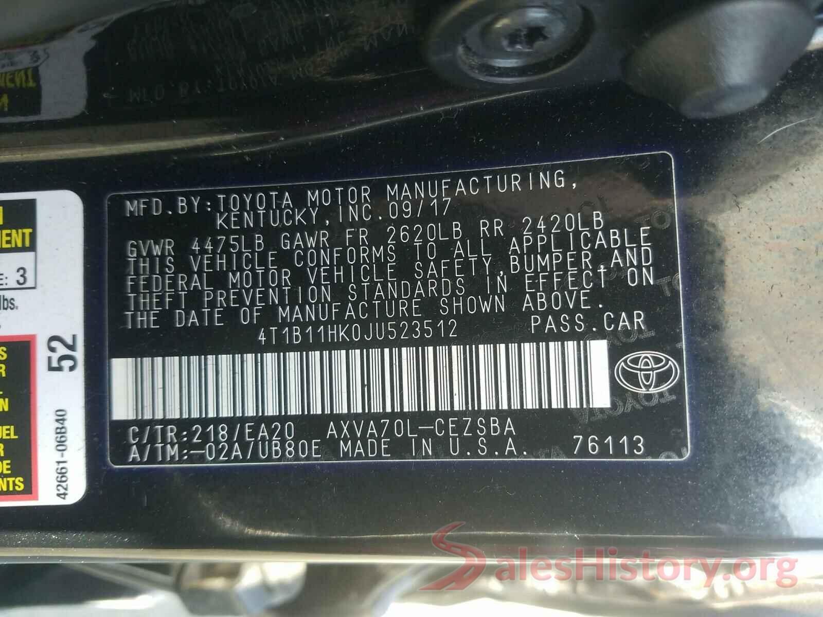 4T1B11HK0JU523512 2018 TOYOTA CAMRY