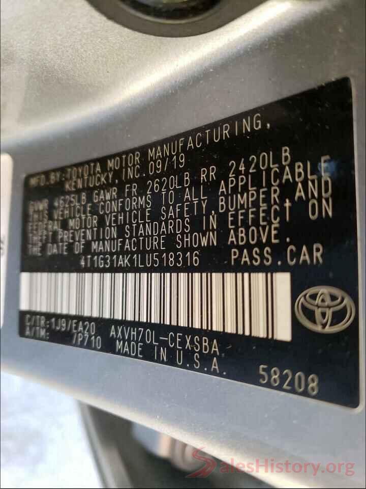 4T1G31AK1LU518316 2020 TOYOTA CAMRY