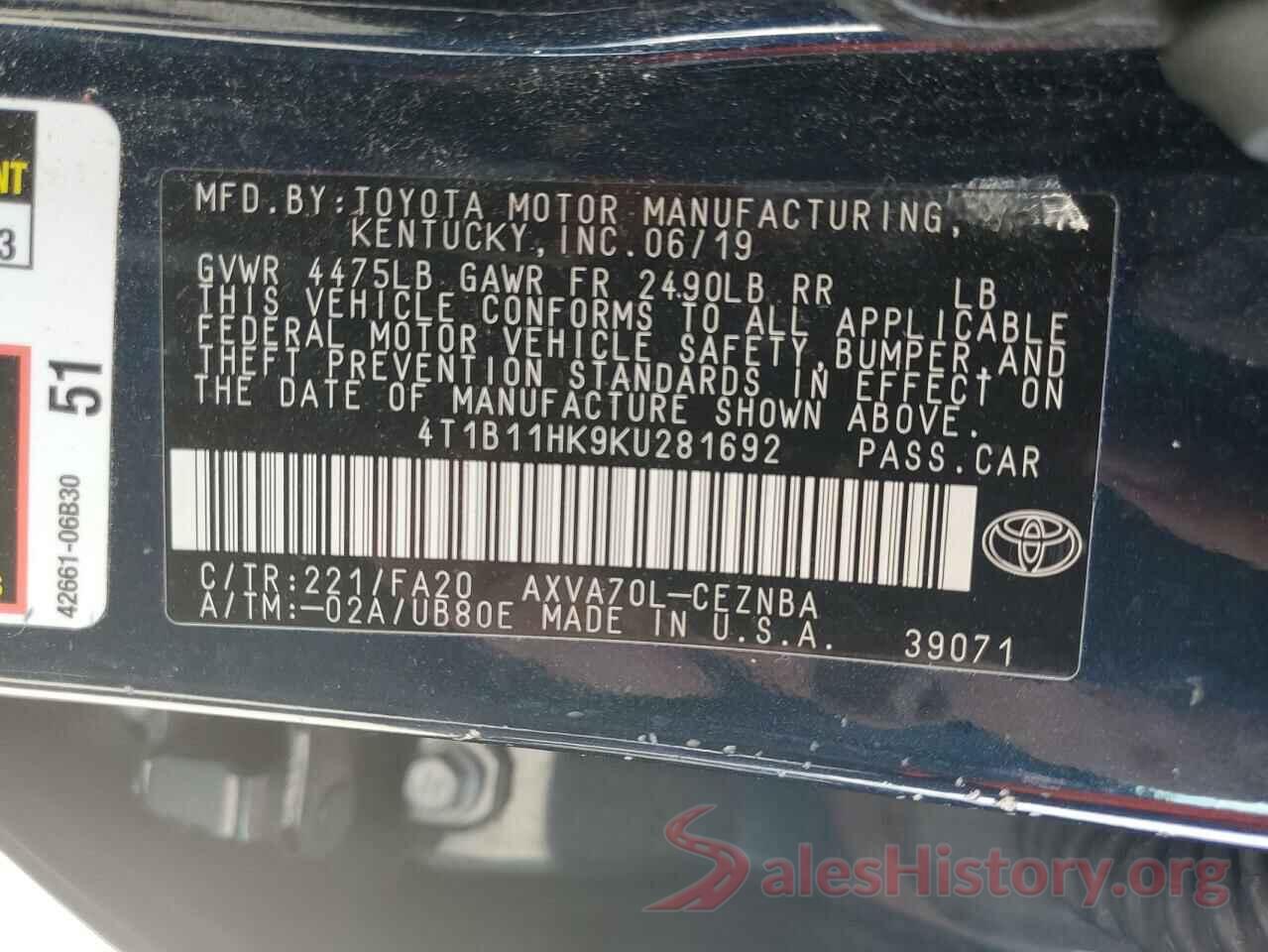 4T1B11HK9KU281692 2019 TOYOTA CAMRY