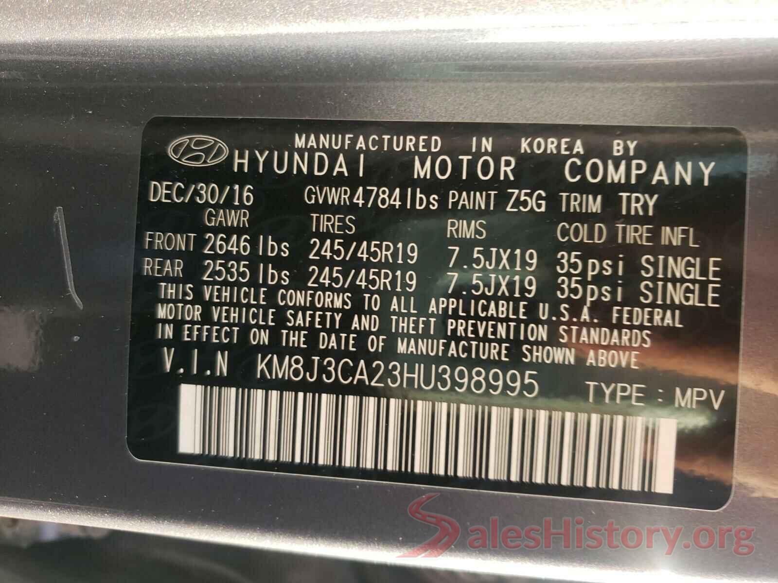 KM8J3CA23HU398995 2017 HYUNDAI TUCSON