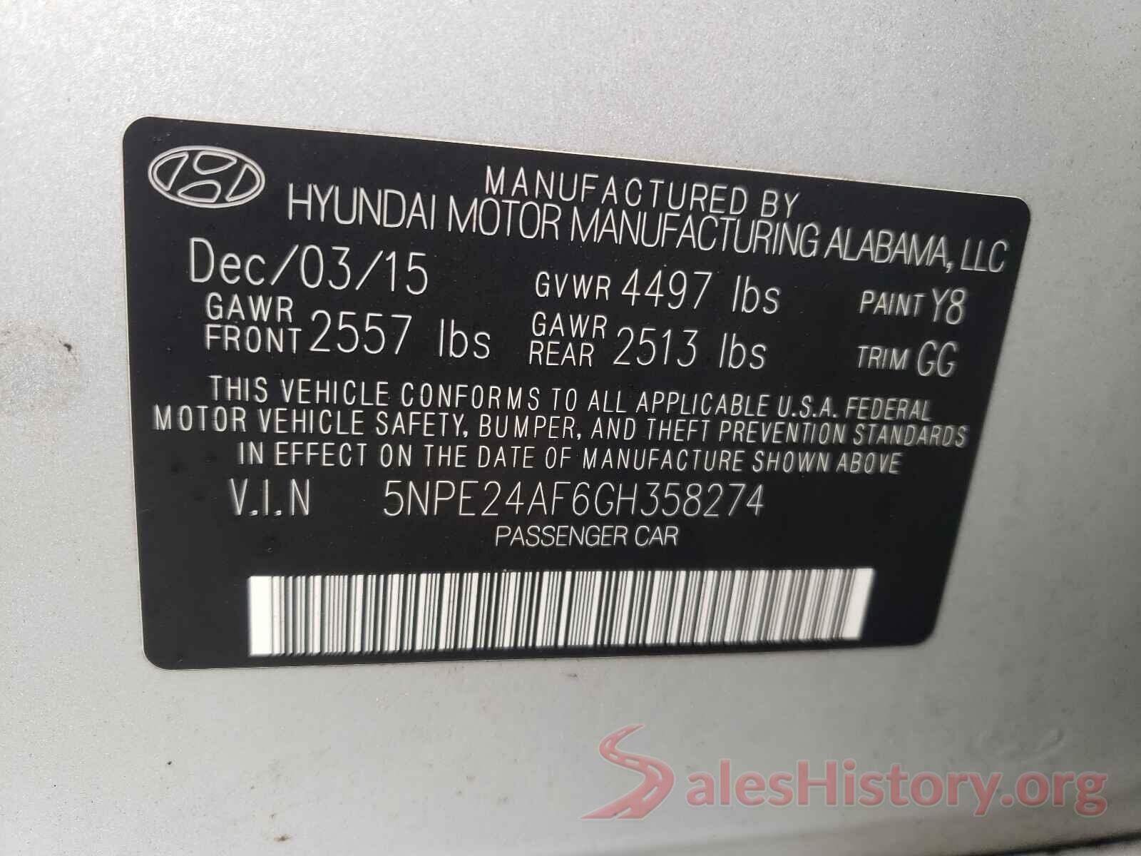 5NPE24AF6GH358274 2016 HYUNDAI SONATA