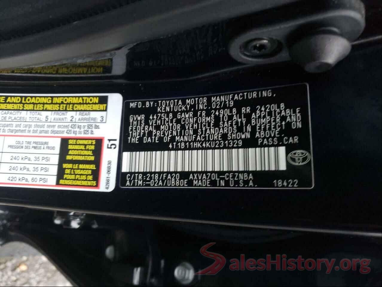 4T1B11HK4KU231329 2019 TOYOTA CAMRY