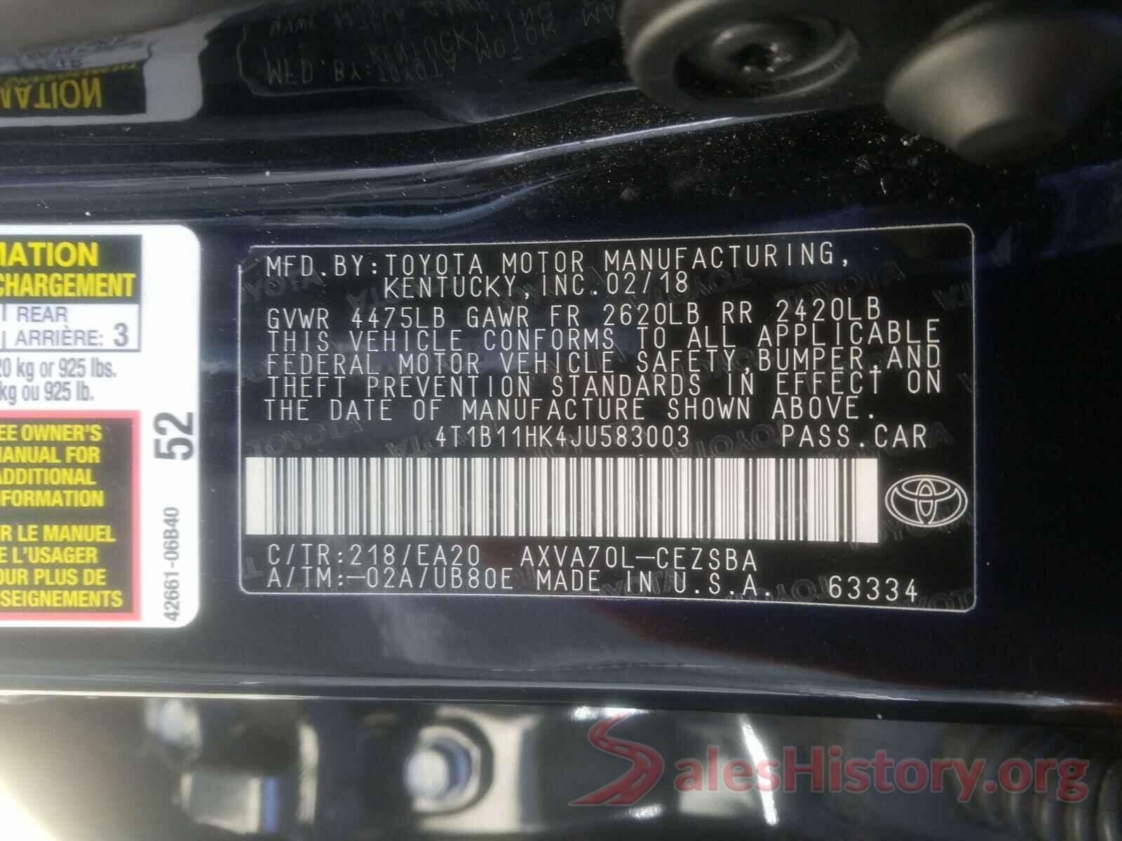 4T1B11HK4JU583003 2018 TOYOTA CAMRY