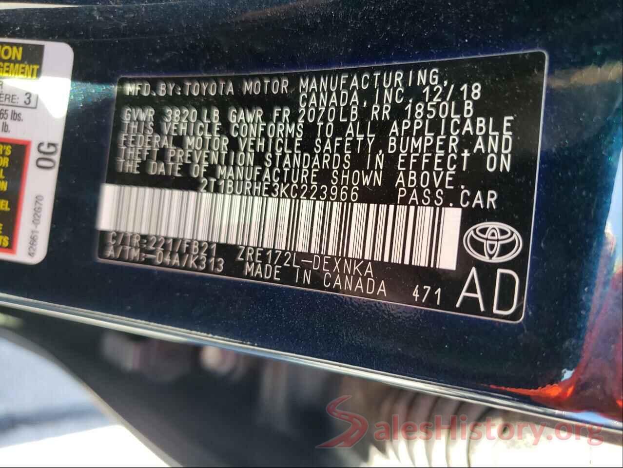 2T1BURHE3KC223966 2019 TOYOTA COROLLA