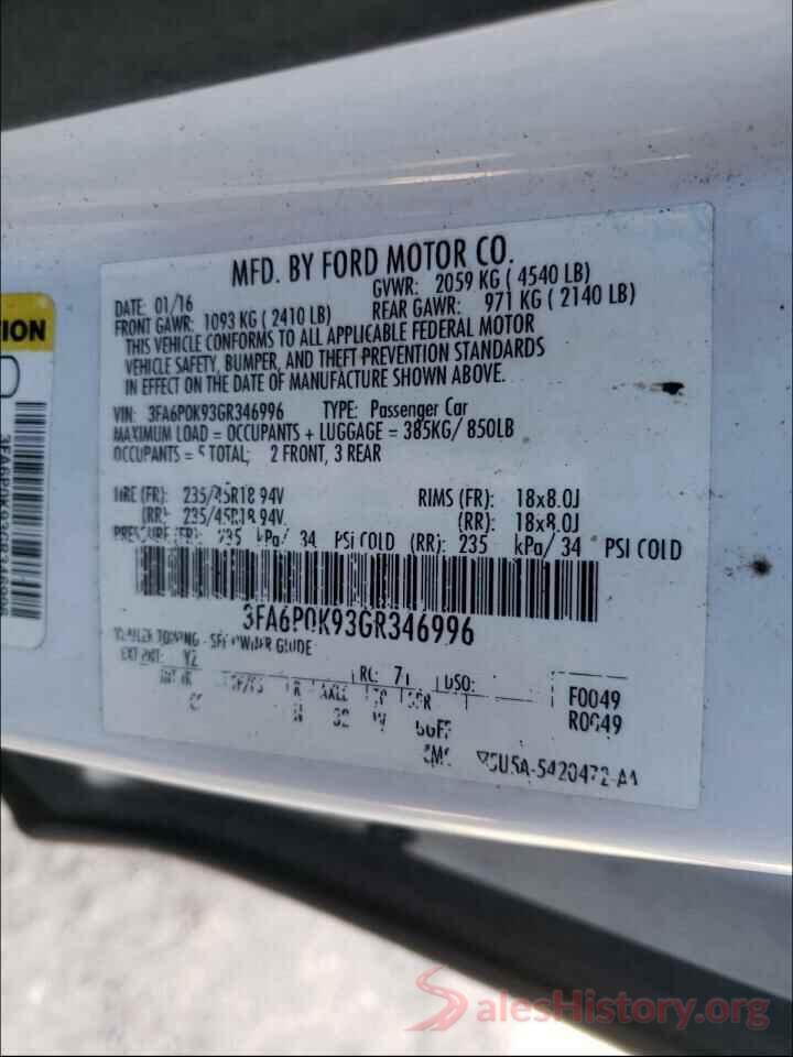 3FA6P0K93GR346996 2016 FORD FUSION