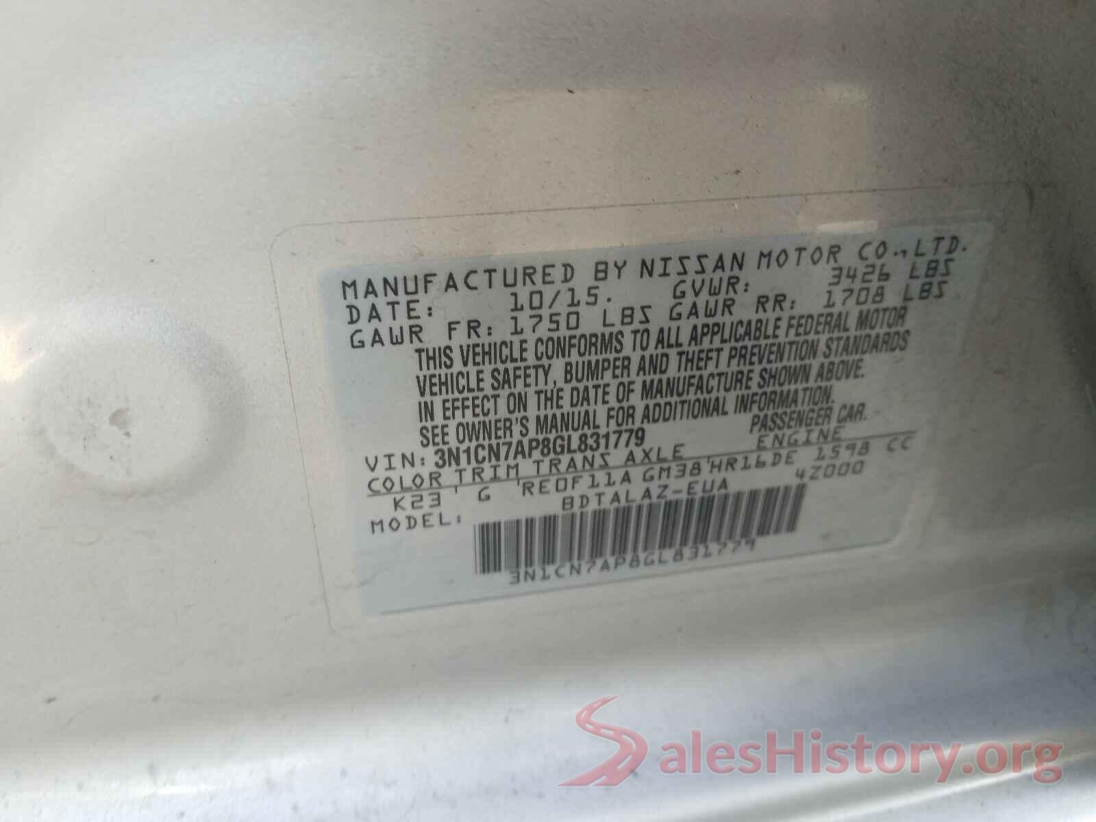 3N1CN7AP8GL831779 2016 NISSAN VERSA