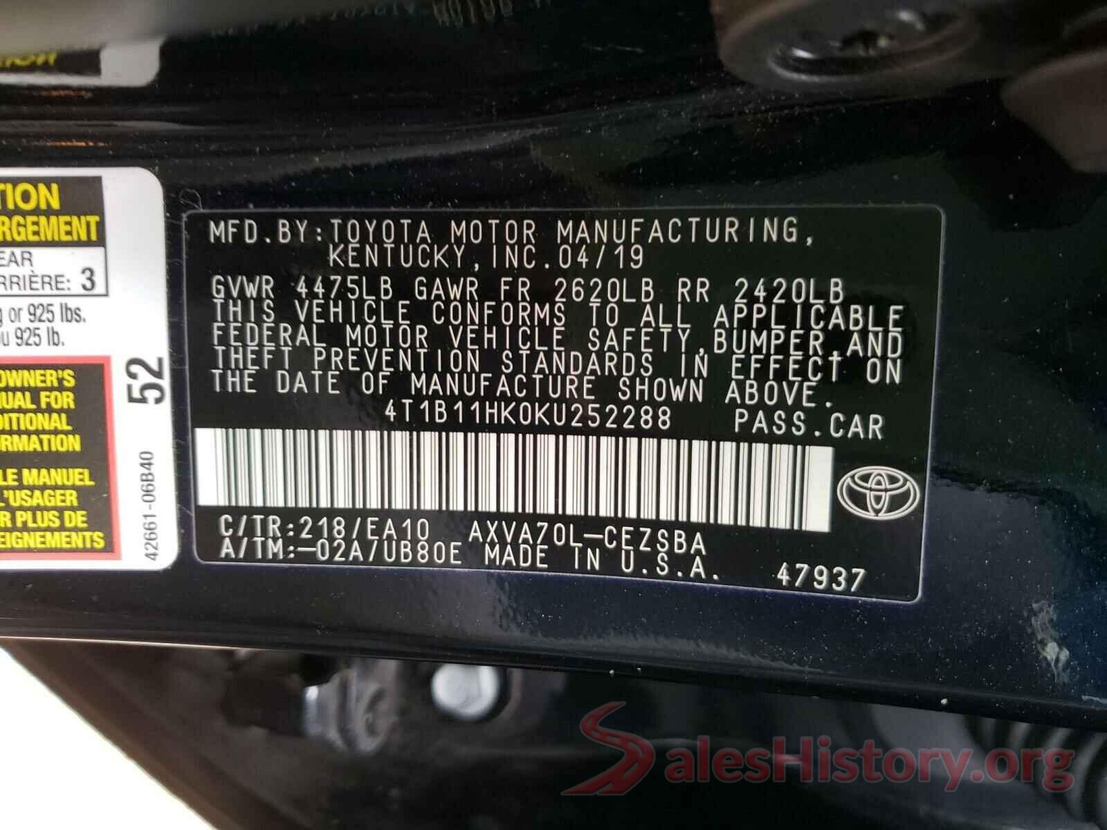 4T1B11HK0KU252288 2019 TOYOTA CAMRY