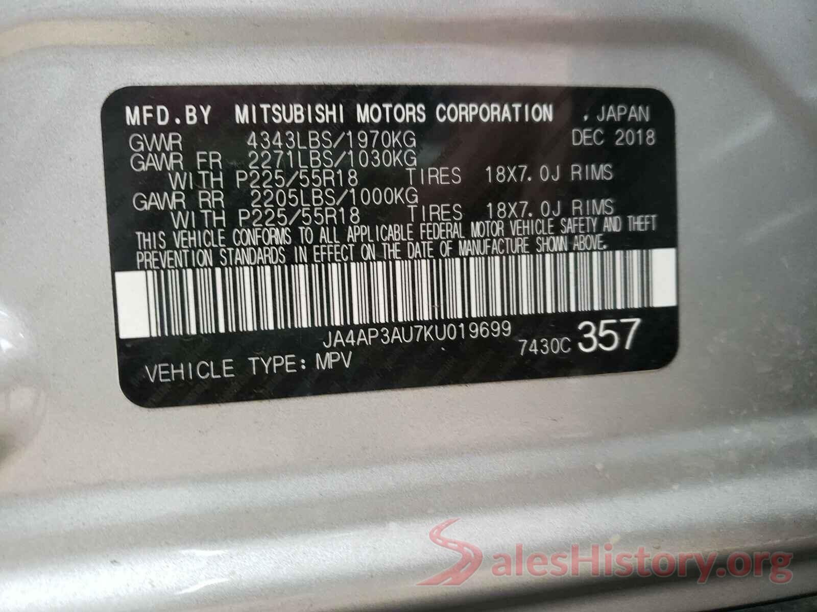 JA4AP3AU7KU019699 2019 MITSUBISHI OUTLANDER