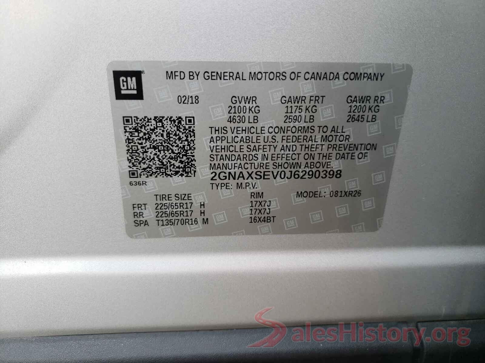 2GNAXSEV0J6290398 2018 CHEVROLET EQUINOX