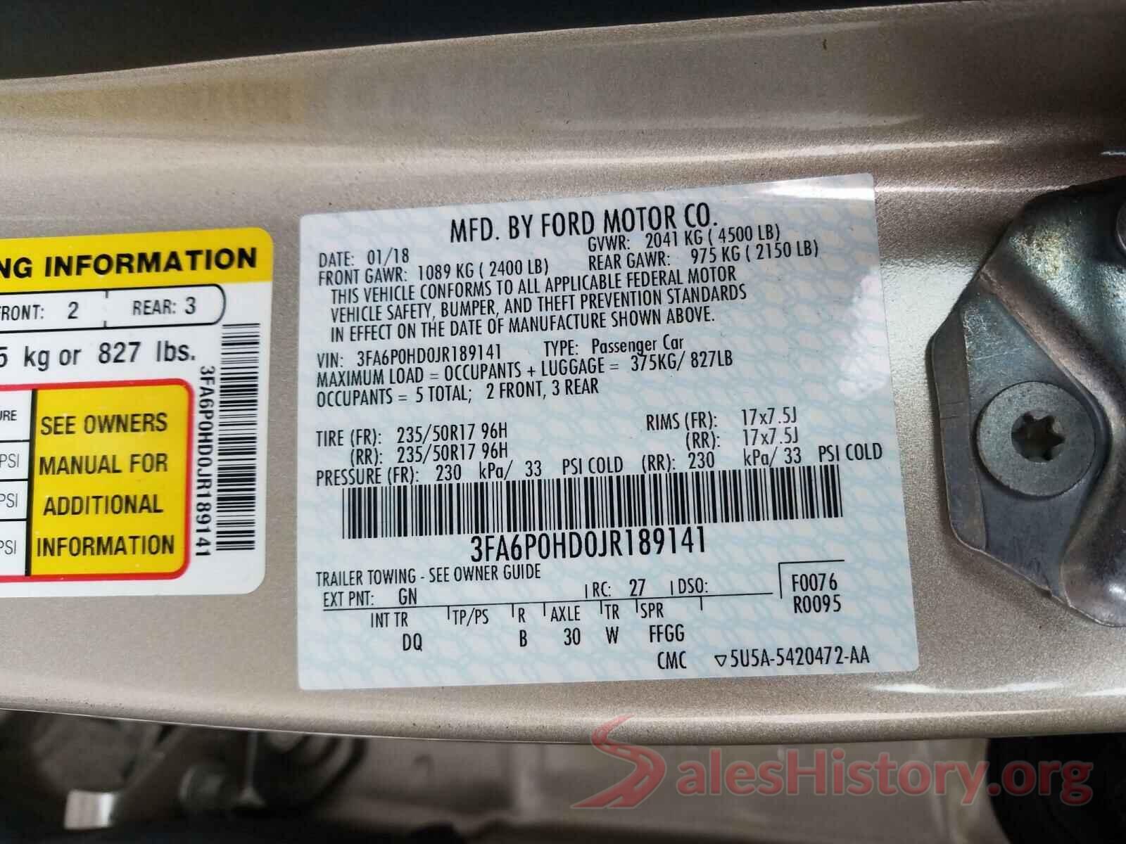 3FA6P0HD0JR189141 2018 FORD FUSION