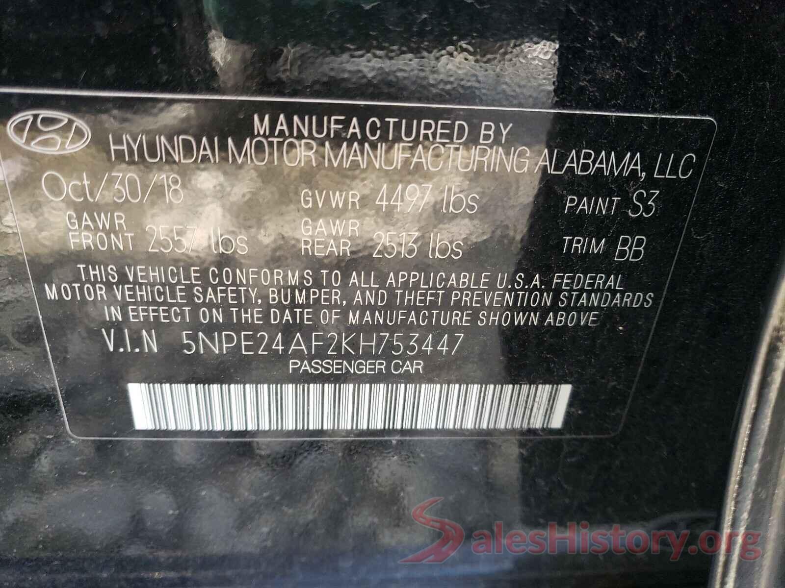 5NPE24AF2KH753447 2019 HYUNDAI SONATA