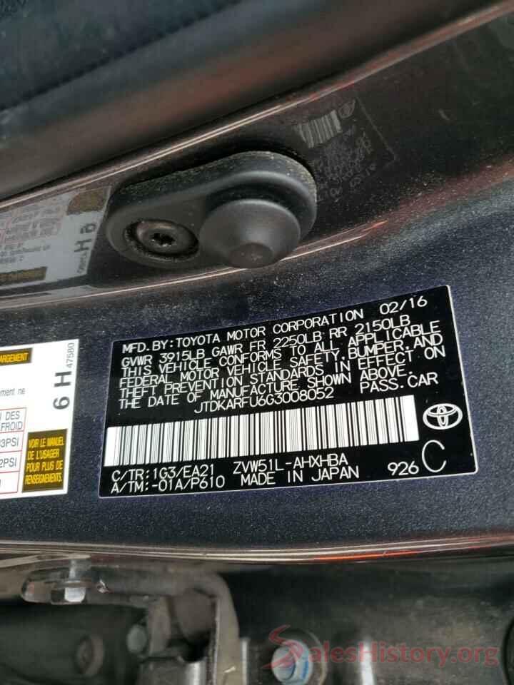 JTDKARFU6G3008052 2016 TOYOTA PRIUS