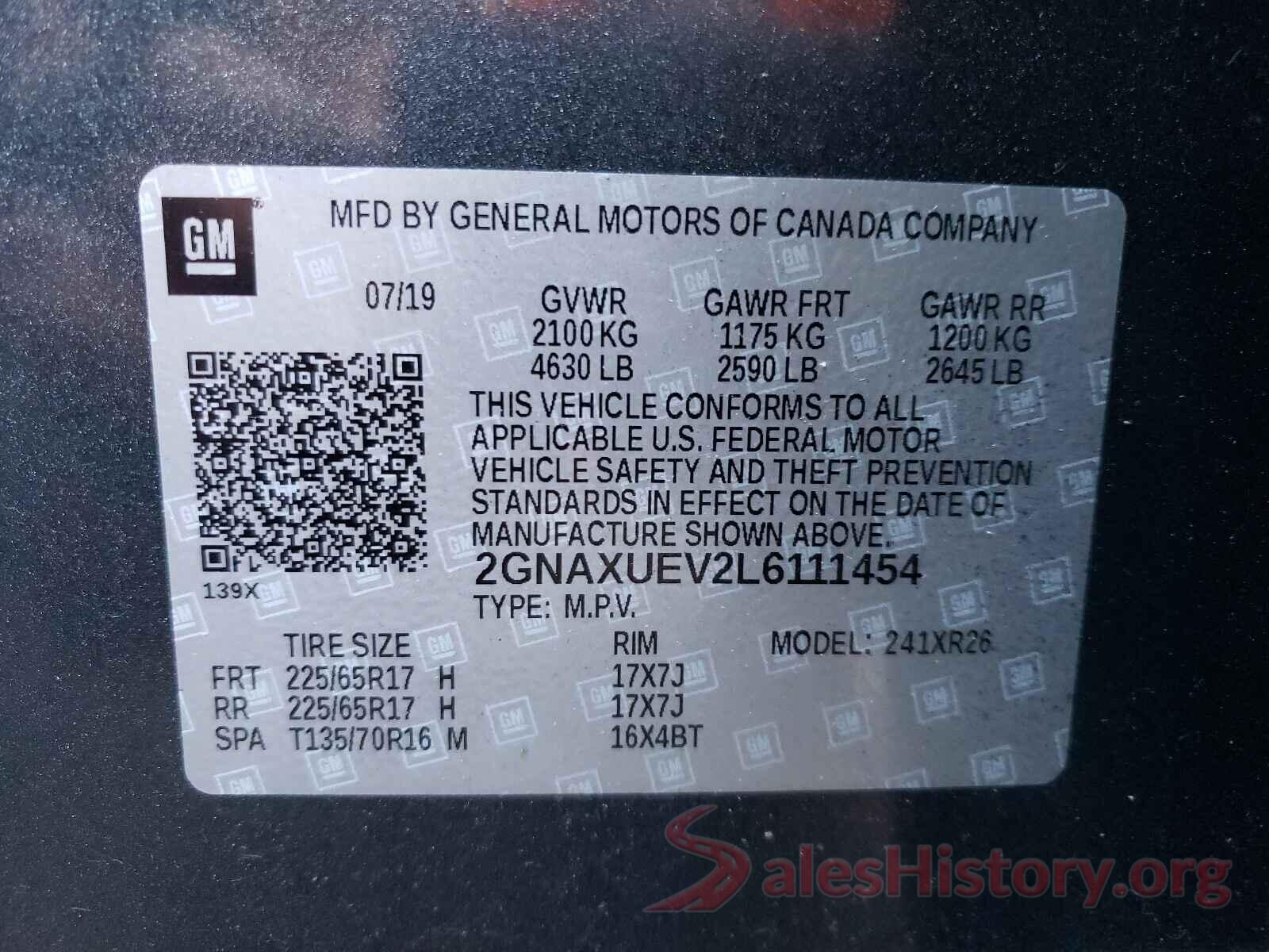 2GNAXUEV2L6111454 2020 CHEVROLET EQUINOX