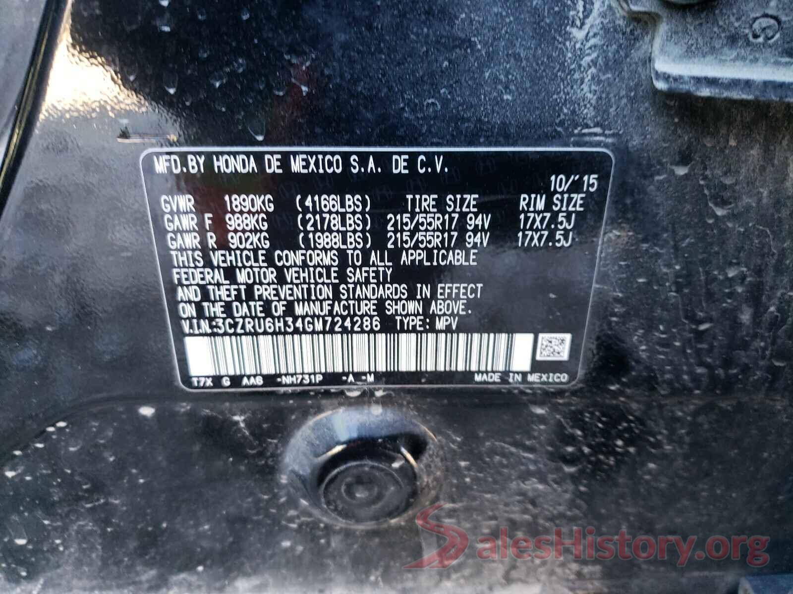 3CZRU6H34GM724286 2016 HONDA HR-V