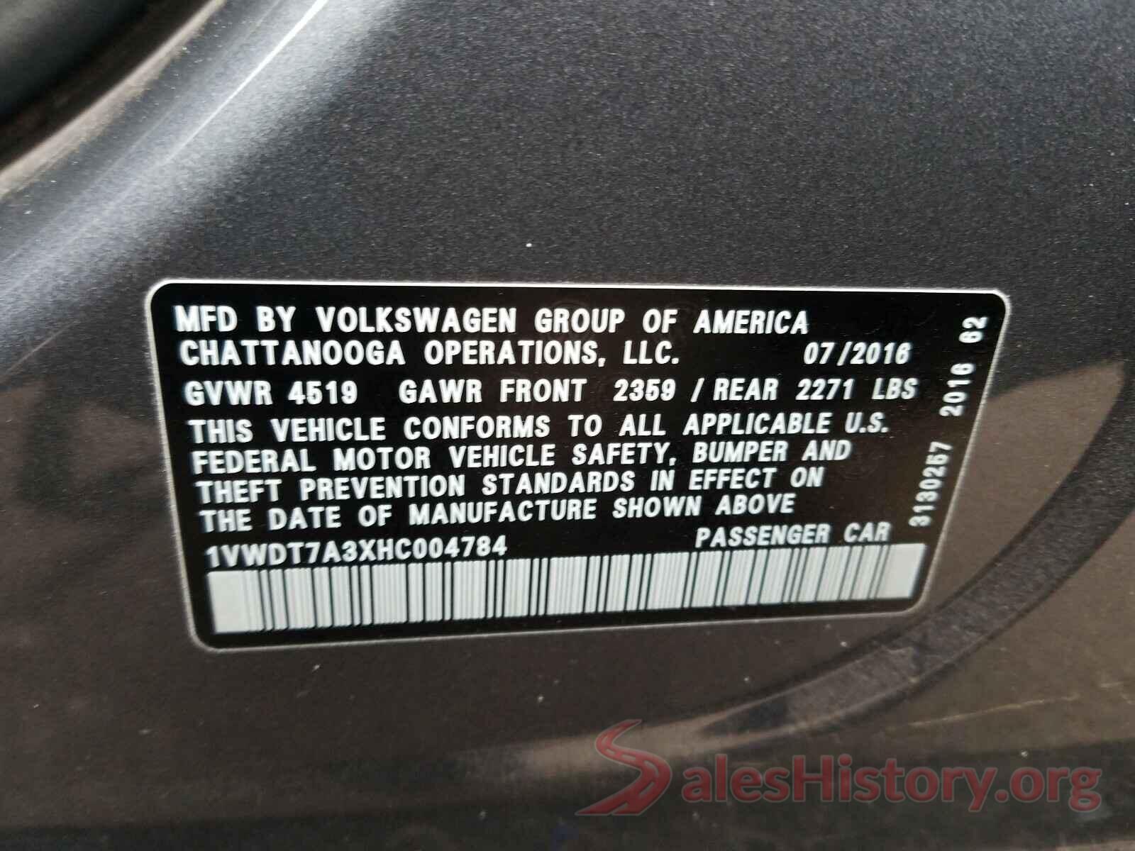 1VWDT7A3XHC004784 2017 VOLKSWAGEN PASSAT