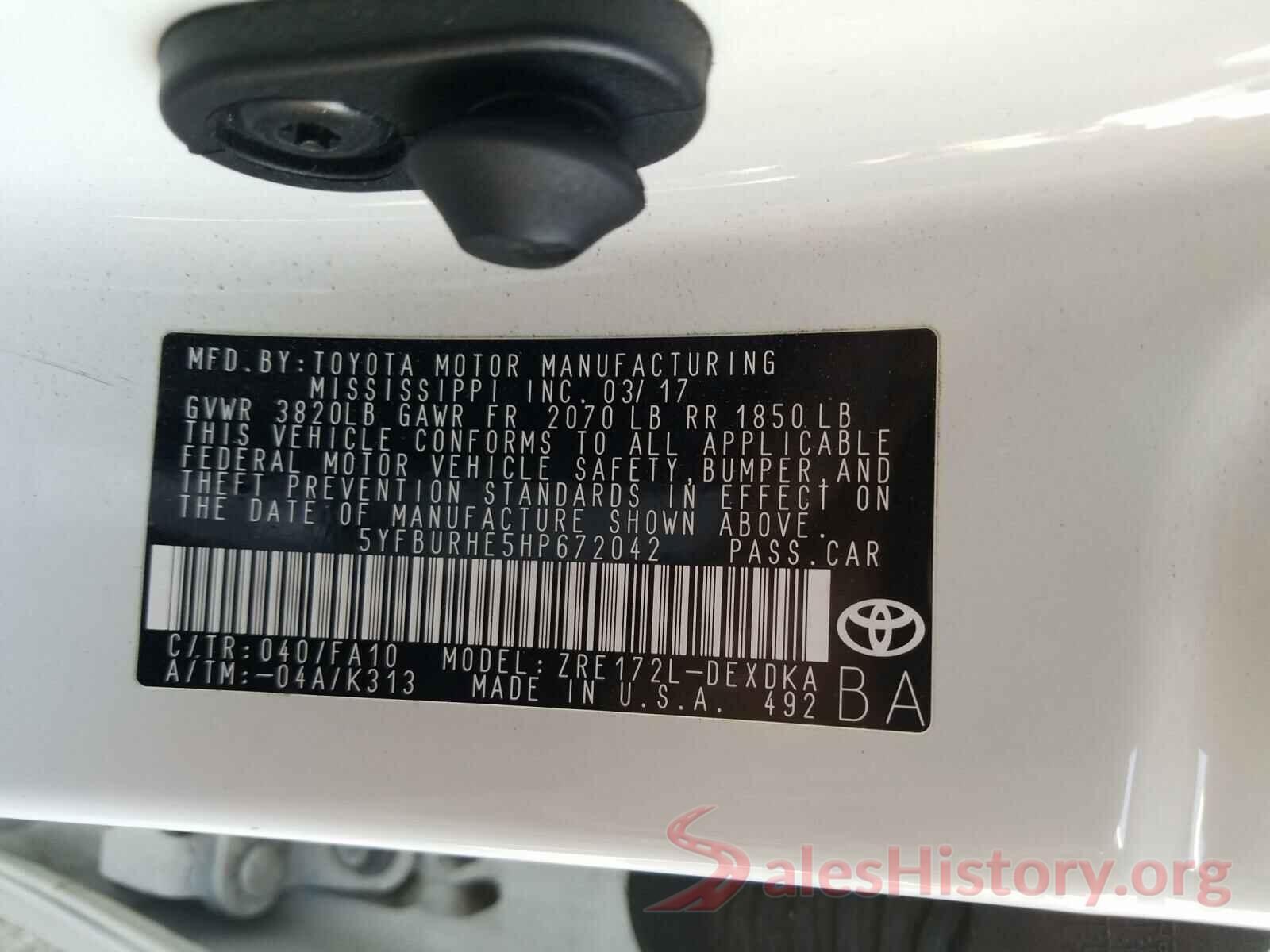 5YFBURHE5HP672042 2017 TOYOTA COROLLA