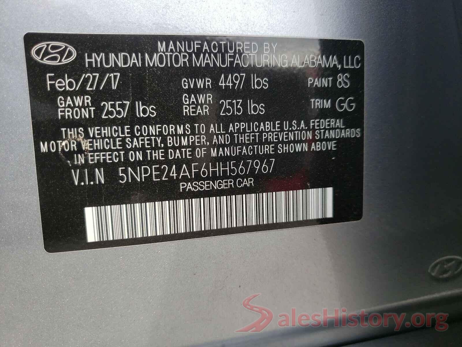 5NPE24AF6HH567967 2017 HYUNDAI SONATA