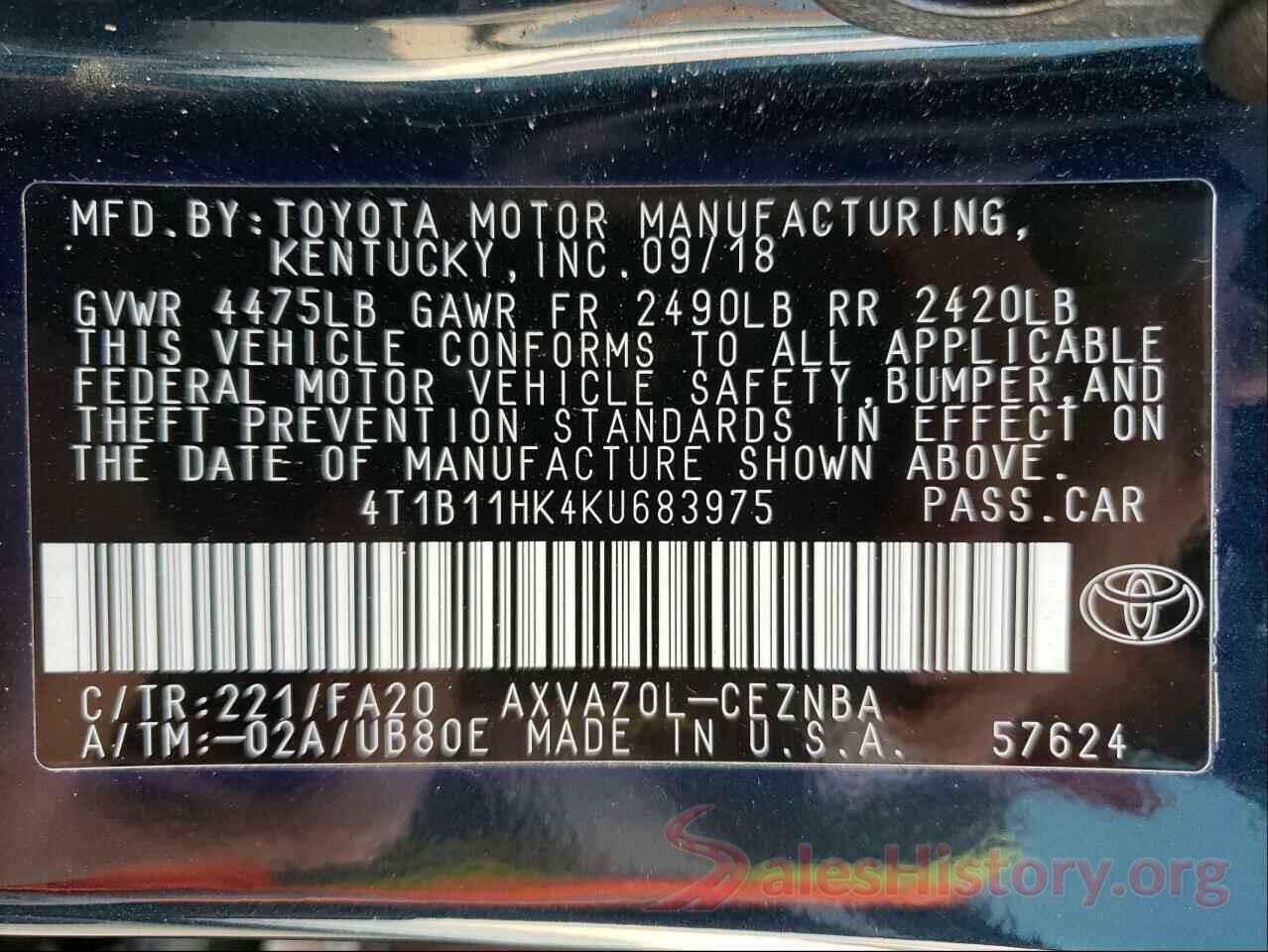 4T1B11HK4KU683975 2019 TOYOTA CAMRY