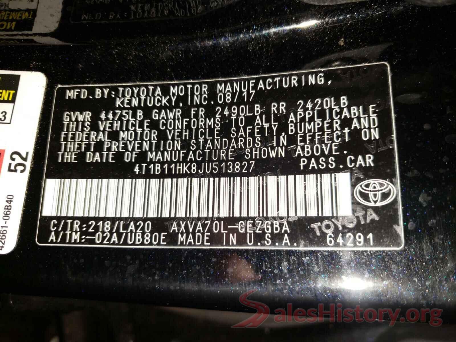 4T1B11HK8JU513827 2018 TOYOTA CAMRY