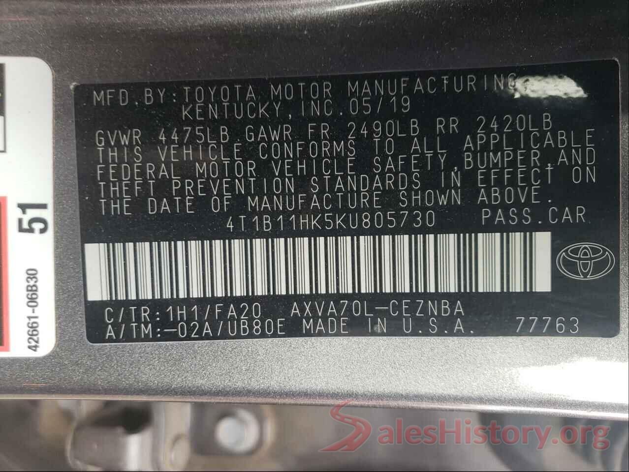 4T1B11HK5KU805730 2019 TOYOTA CAMRY