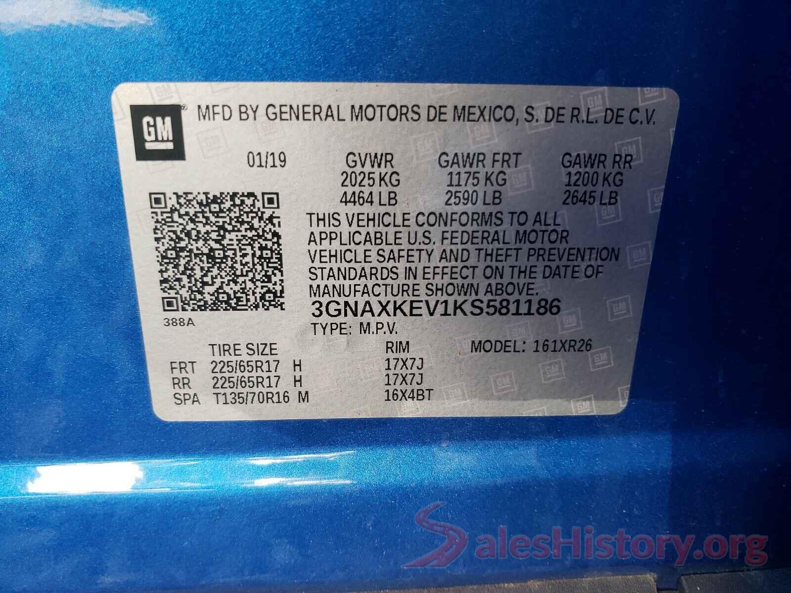 3GNAXKEV1KS581186 2019 CHEVROLET EQUINOX