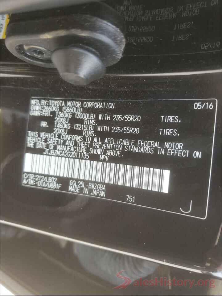 JTJBZMCA2G2011135 2016 LEXUS RX350