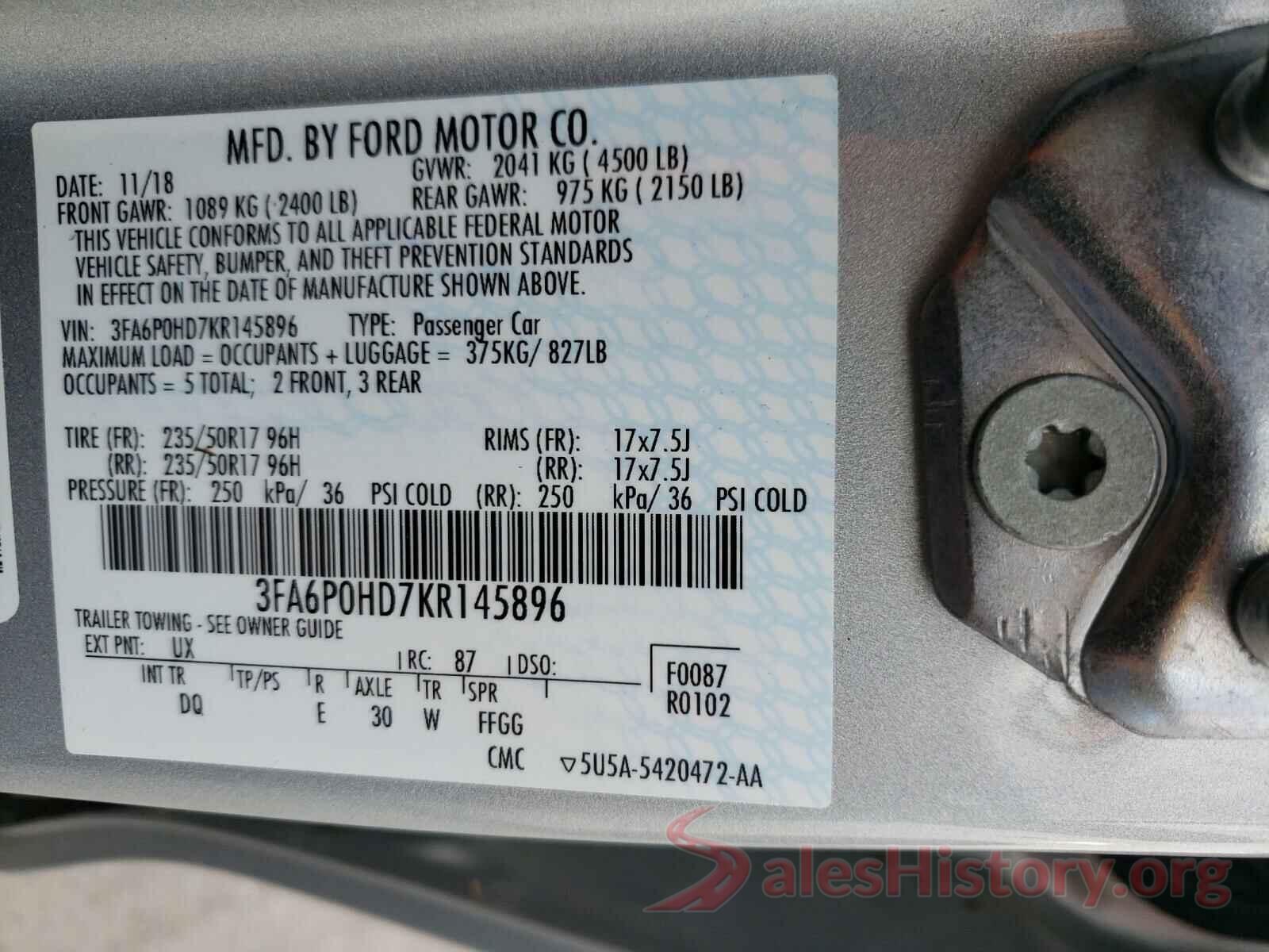 3FA6P0HD7KR145896 2019 FORD FUSION