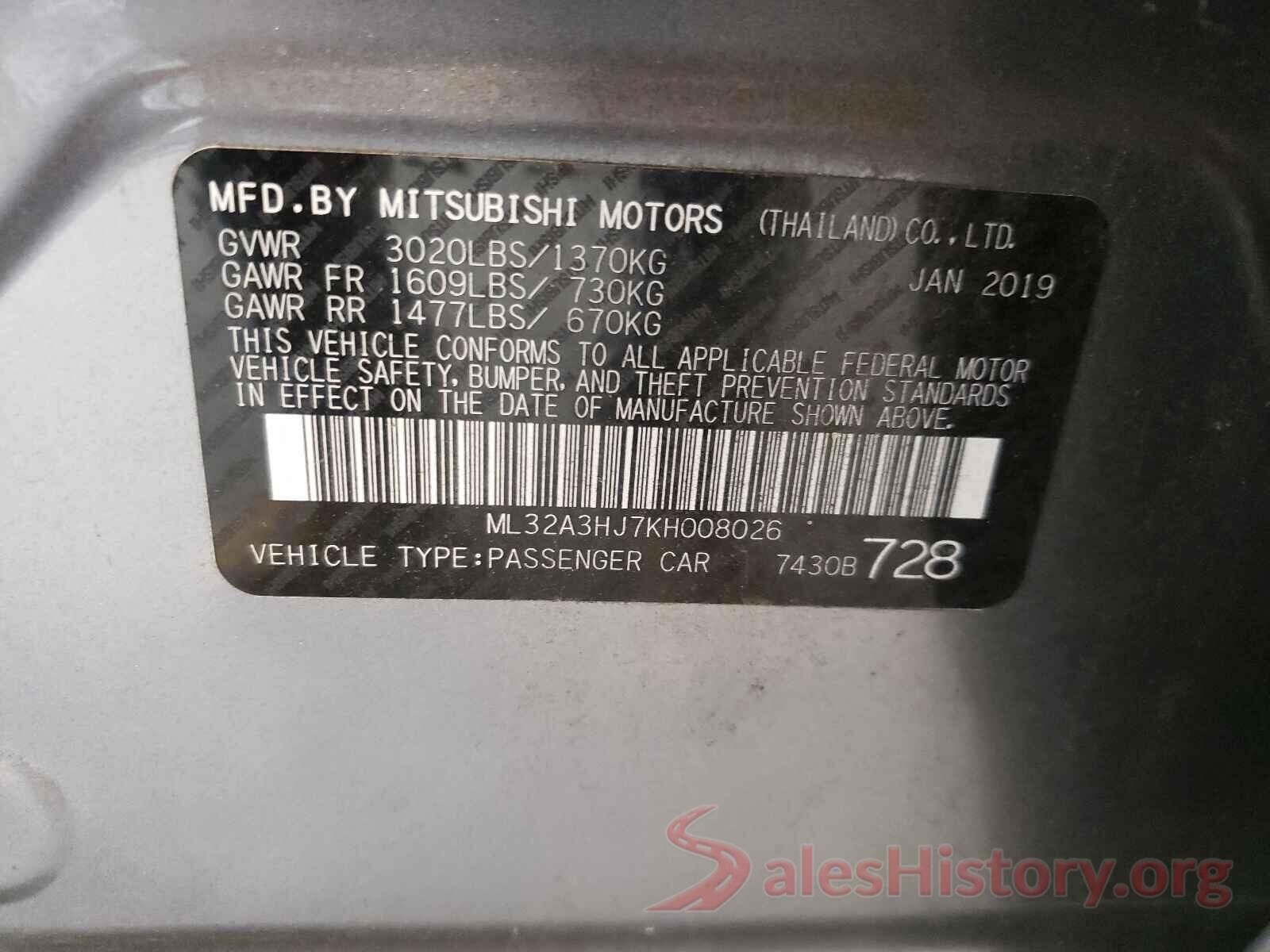 ML32A3HJ7KH008026 2019 MITSUBISHI MIRAGE