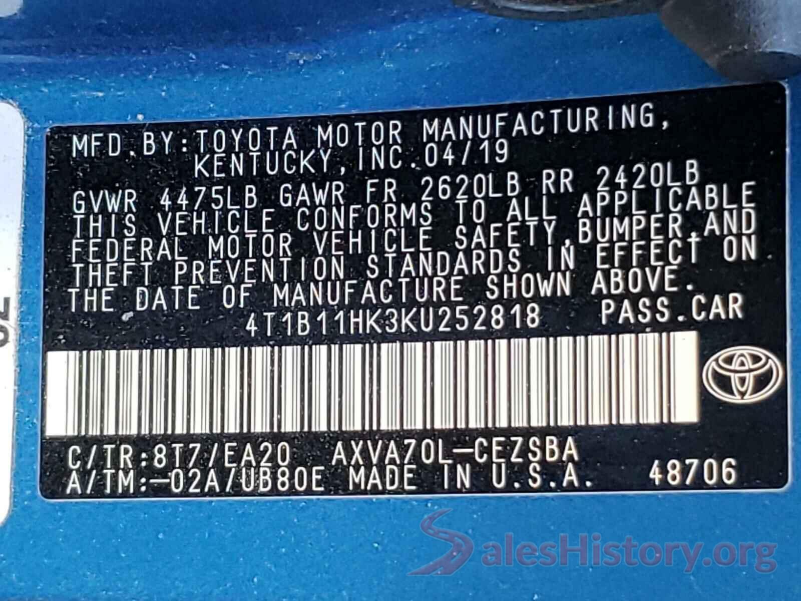 4T1B11HK3KU252818 2019 TOYOTA CAMRY