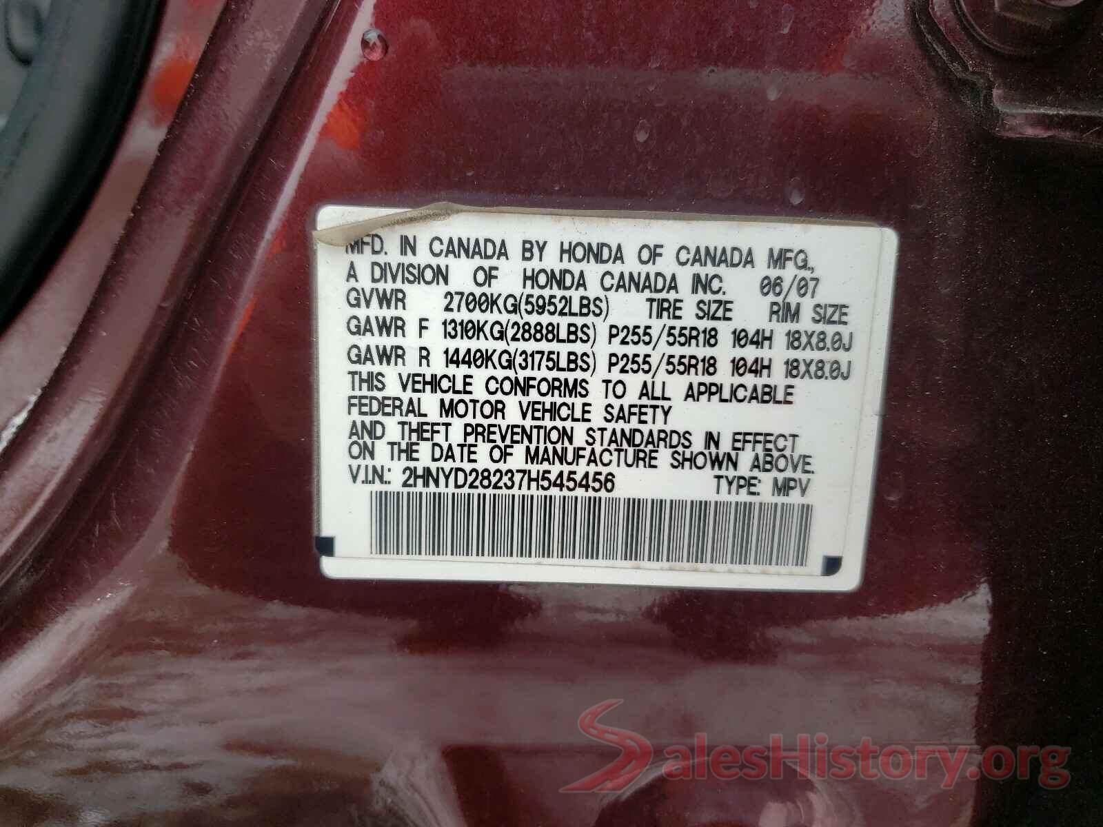 2HNYD28237H545456 2007 ACURA MDX