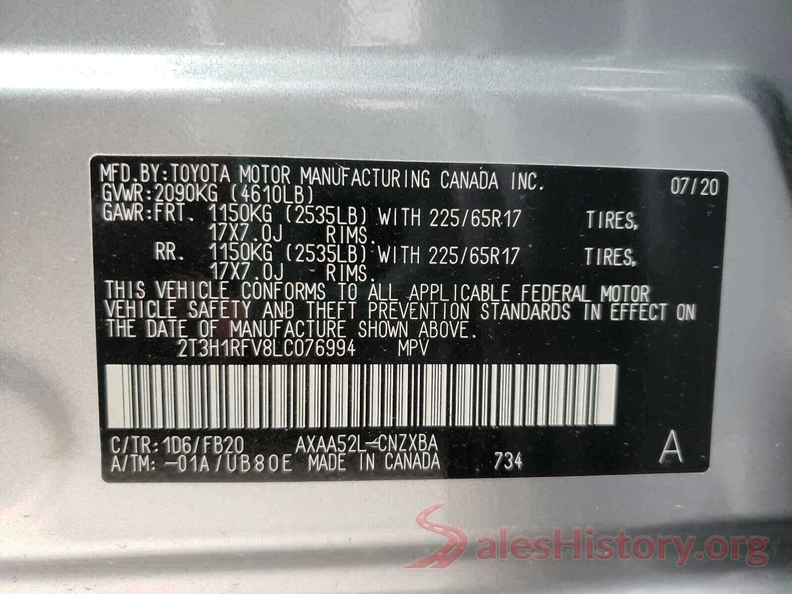 2T3H1RFV8LC076994 2020 TOYOTA RAV4