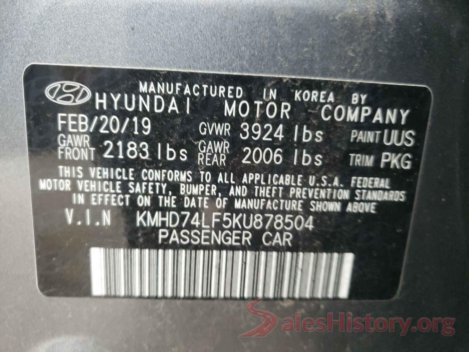 KMHD74LF5KU878504 2019 HYUNDAI ELANTRA