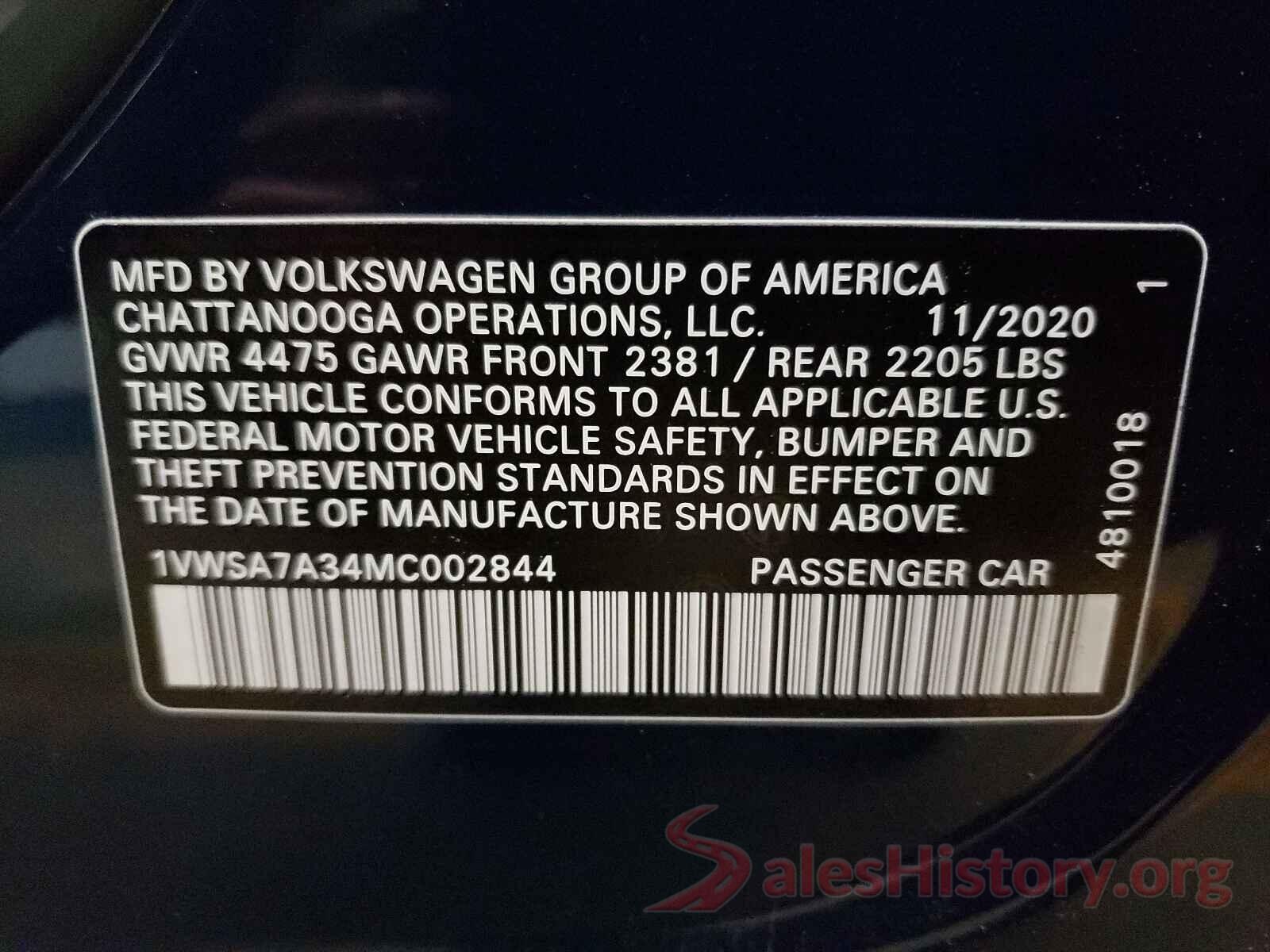 1VWSA7A34MC002844 2021 VOLKSWAGEN PASSAT