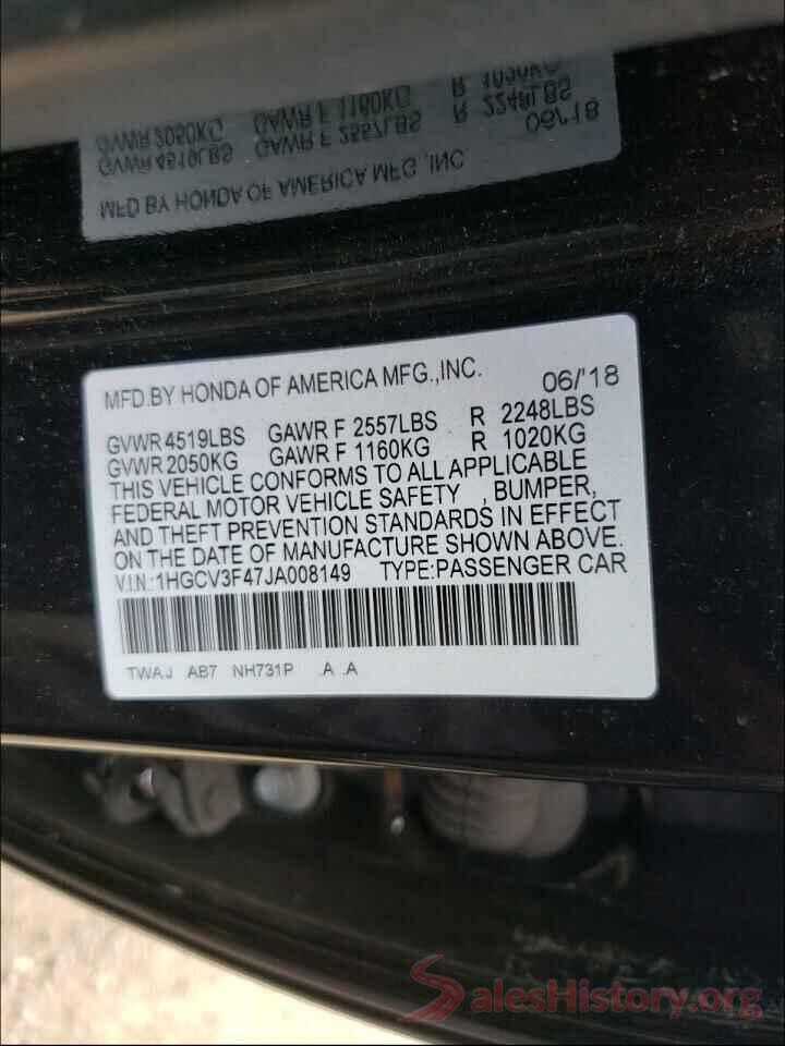 1HGCV3F47JA008149 2018 HONDA ACCORD