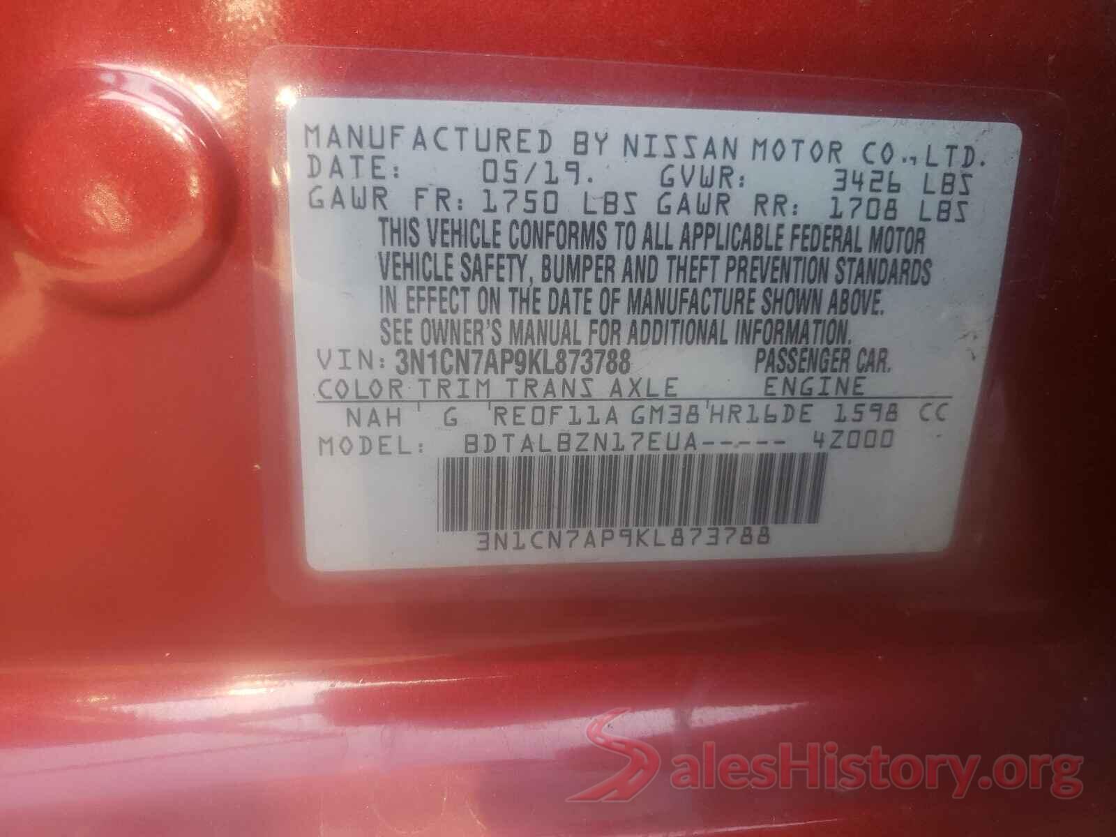 3N1CN7AP9KL873788 2019 NISSAN VERSA