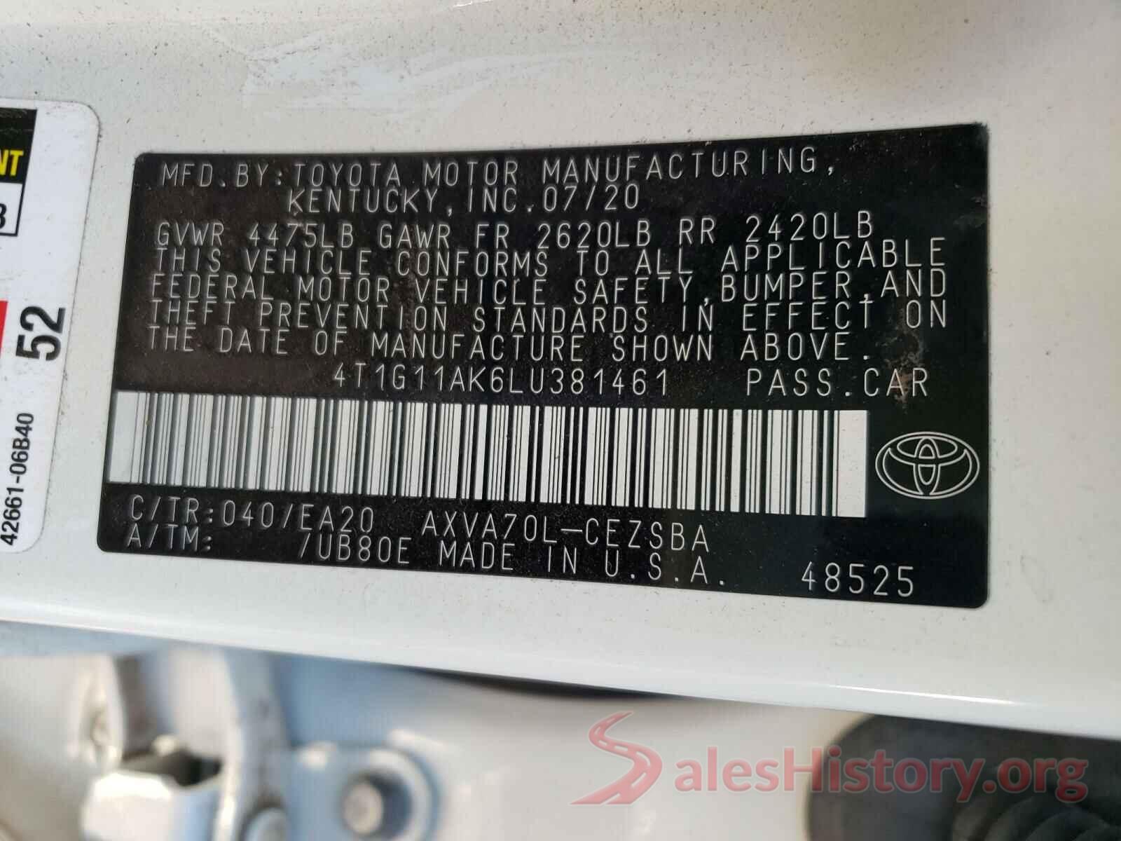 4T1G11AK6LU381461 2020 TOYOTA CAMRY