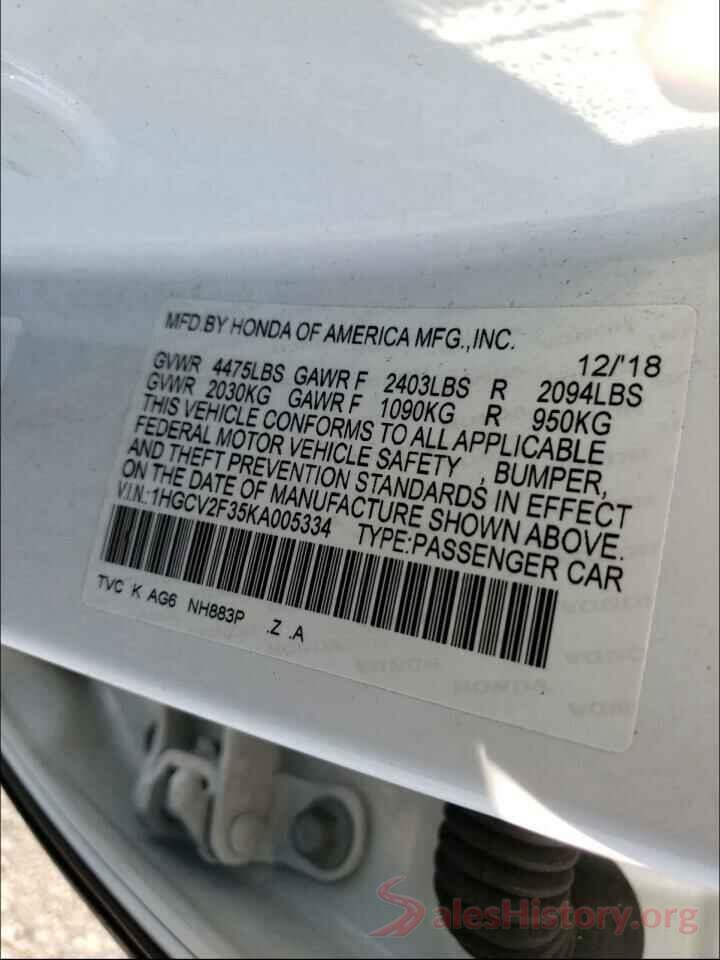 1HGCV2F35KA005334 2019 HONDA ACCORD