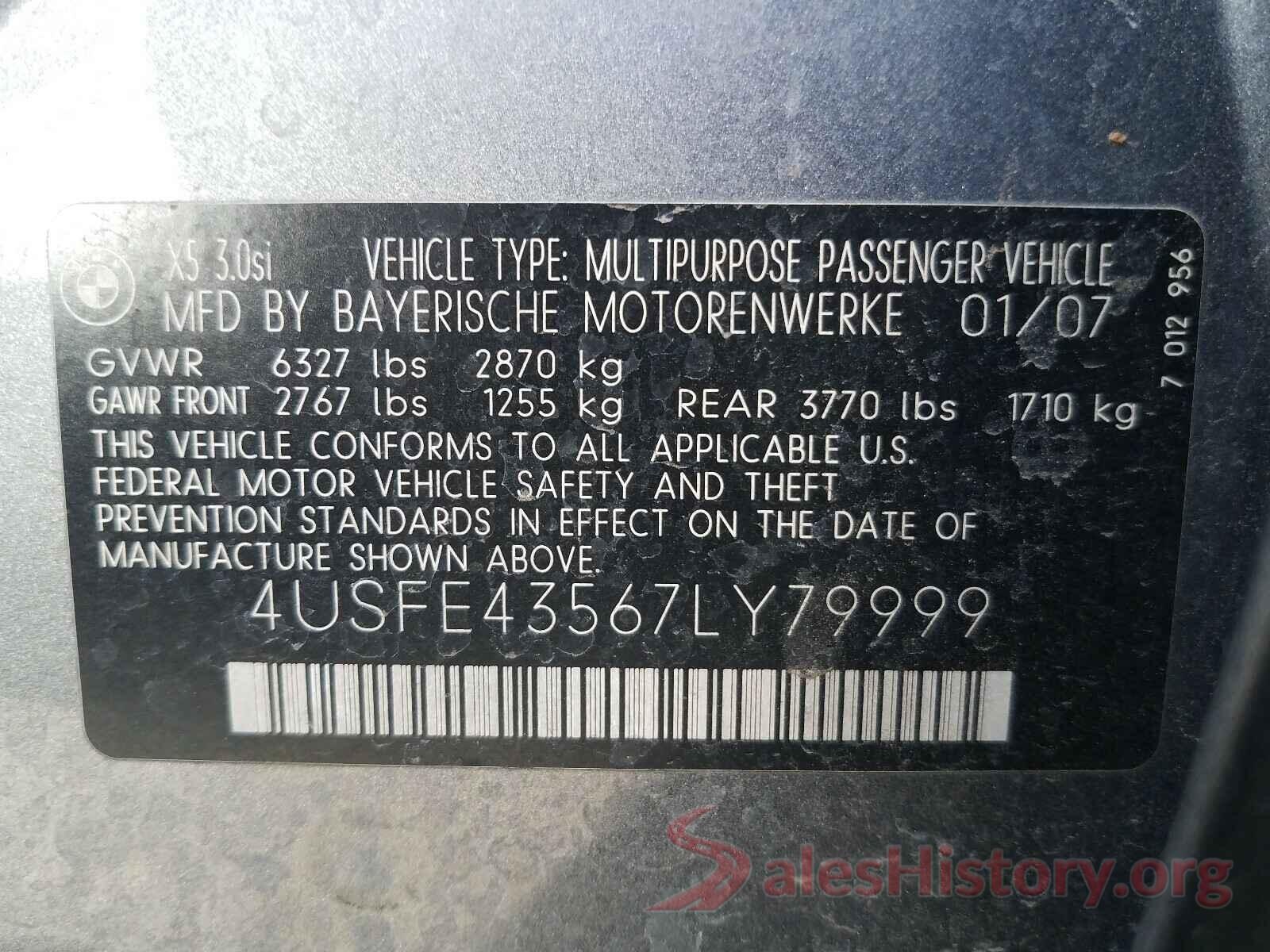 4USFE43567LY79999 2007 BMW X5