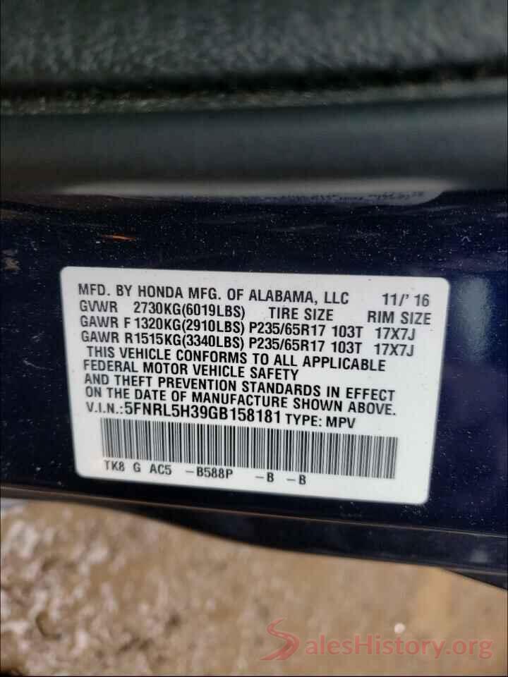 5FNRL5H39GB158181 2016 HONDA ODYSSEY