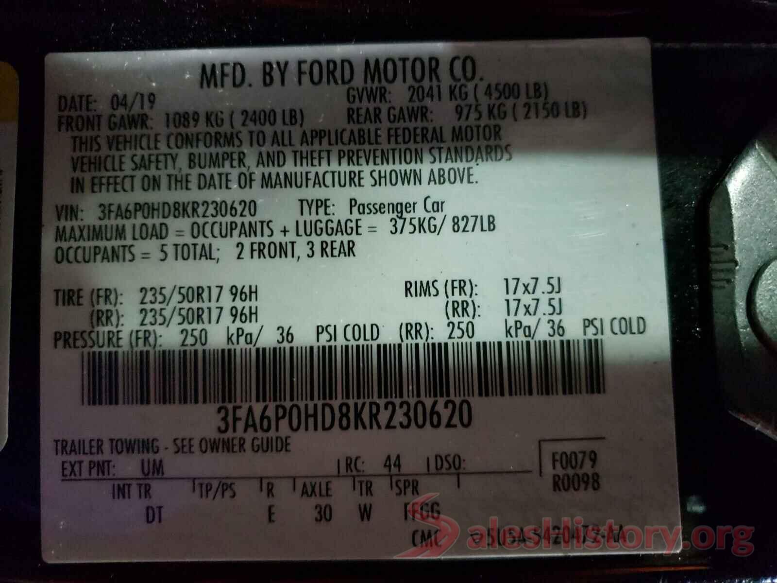 3FA6P0HD8KR230620 2019 FORD FUSION