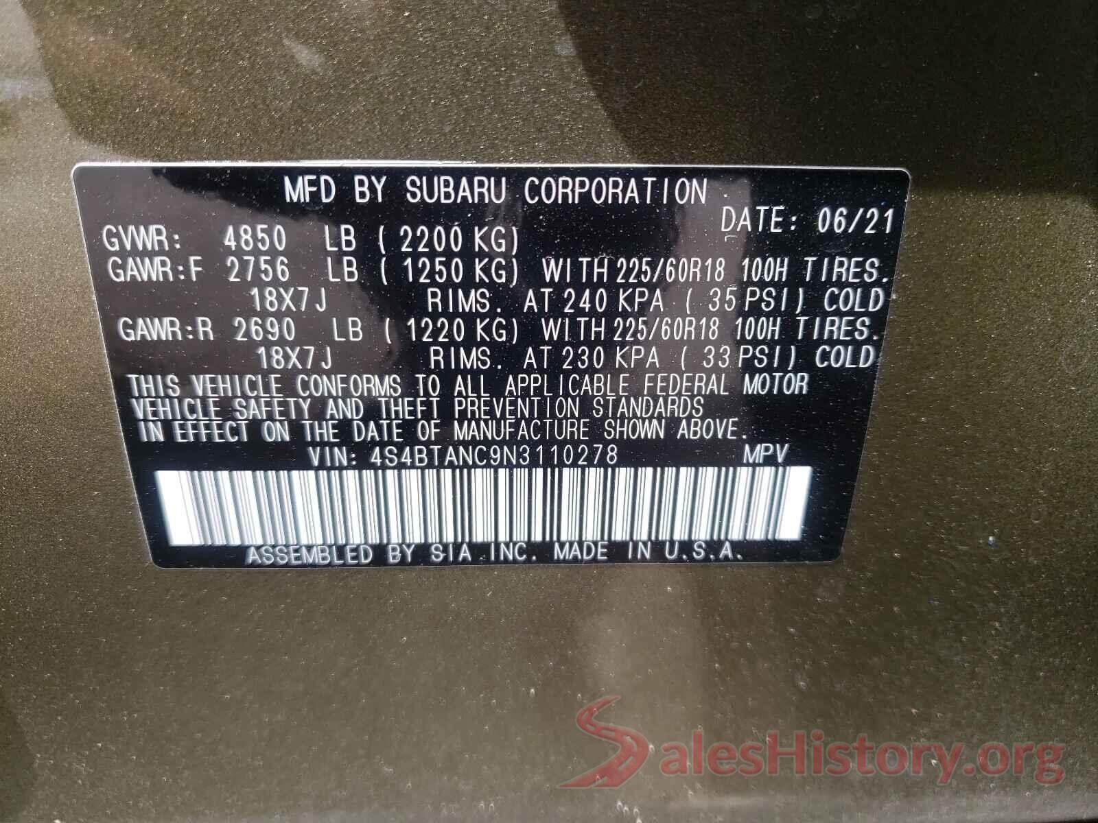 4S4BTANC9N3110278 2022 SUBARU OUTBACK