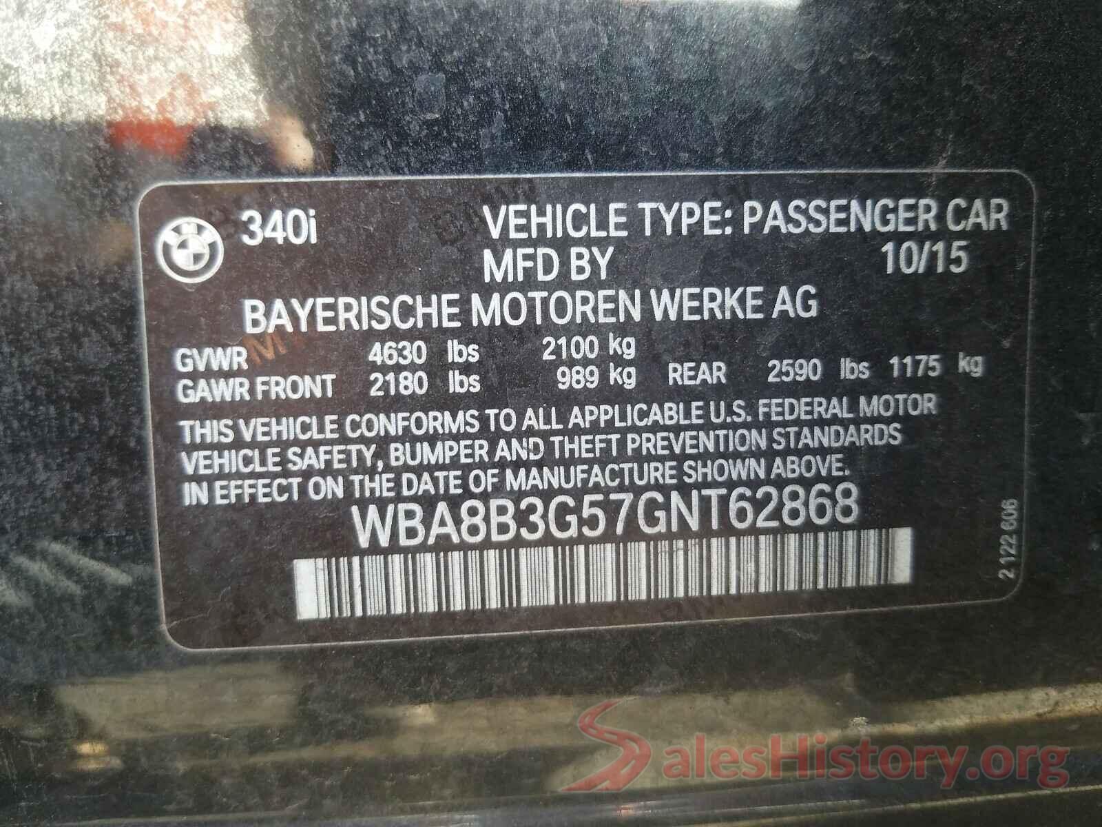 WBA8B3G57GNT62868 2016 BMW 3 SERIES