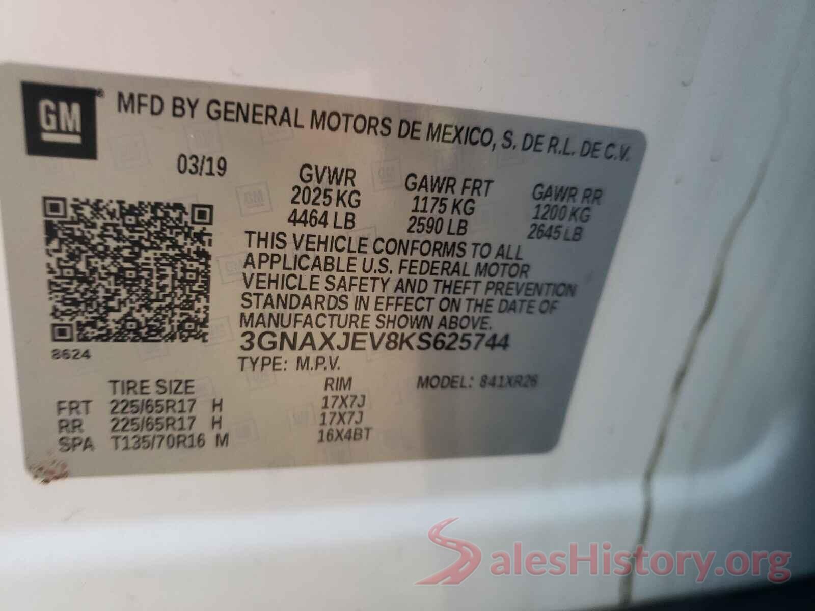 3GNAXJEV8KS625744 2019 CHEVROLET EQUINOX