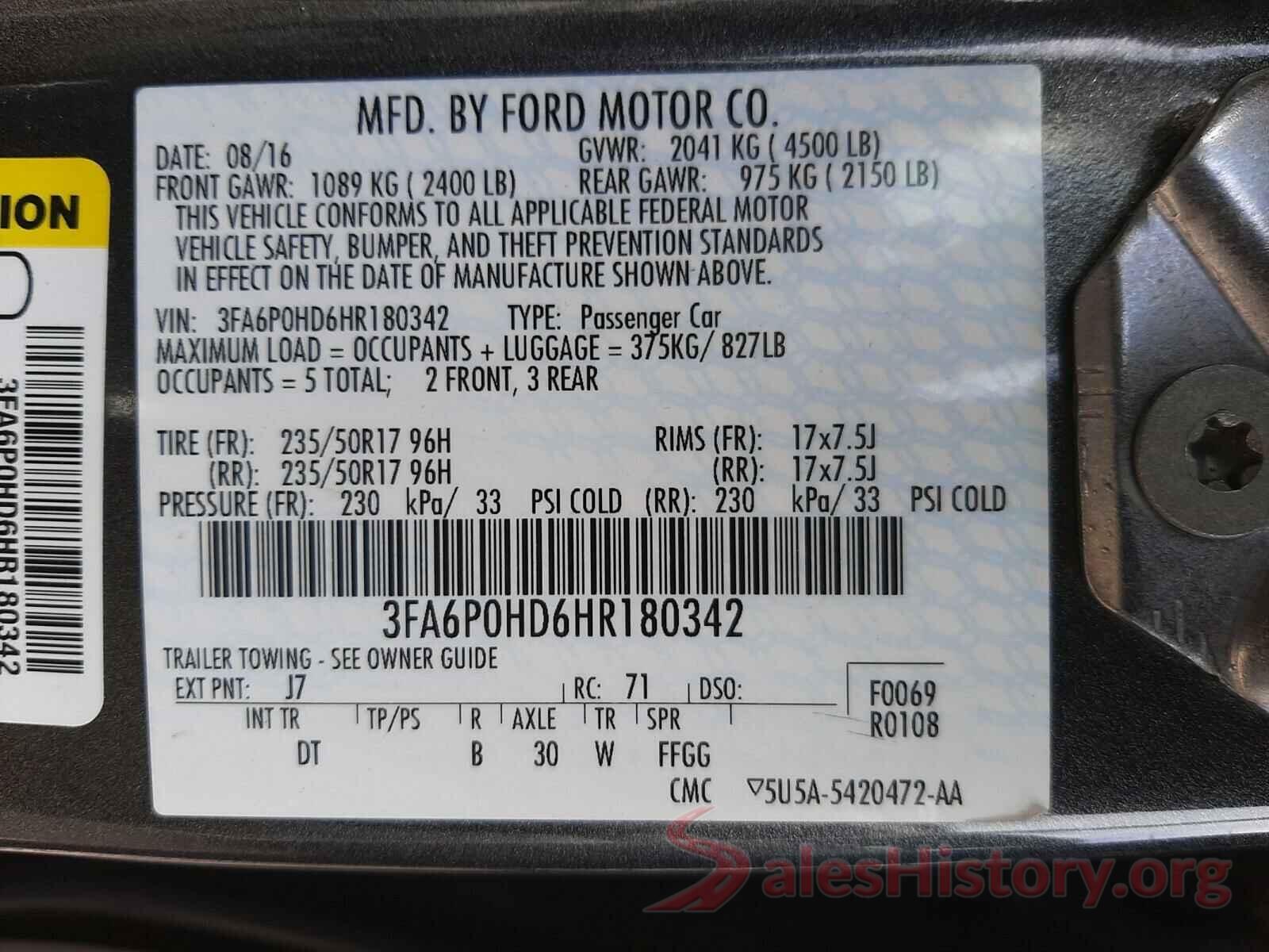 3FA6P0HD6HR180342 2017 FORD FUSION