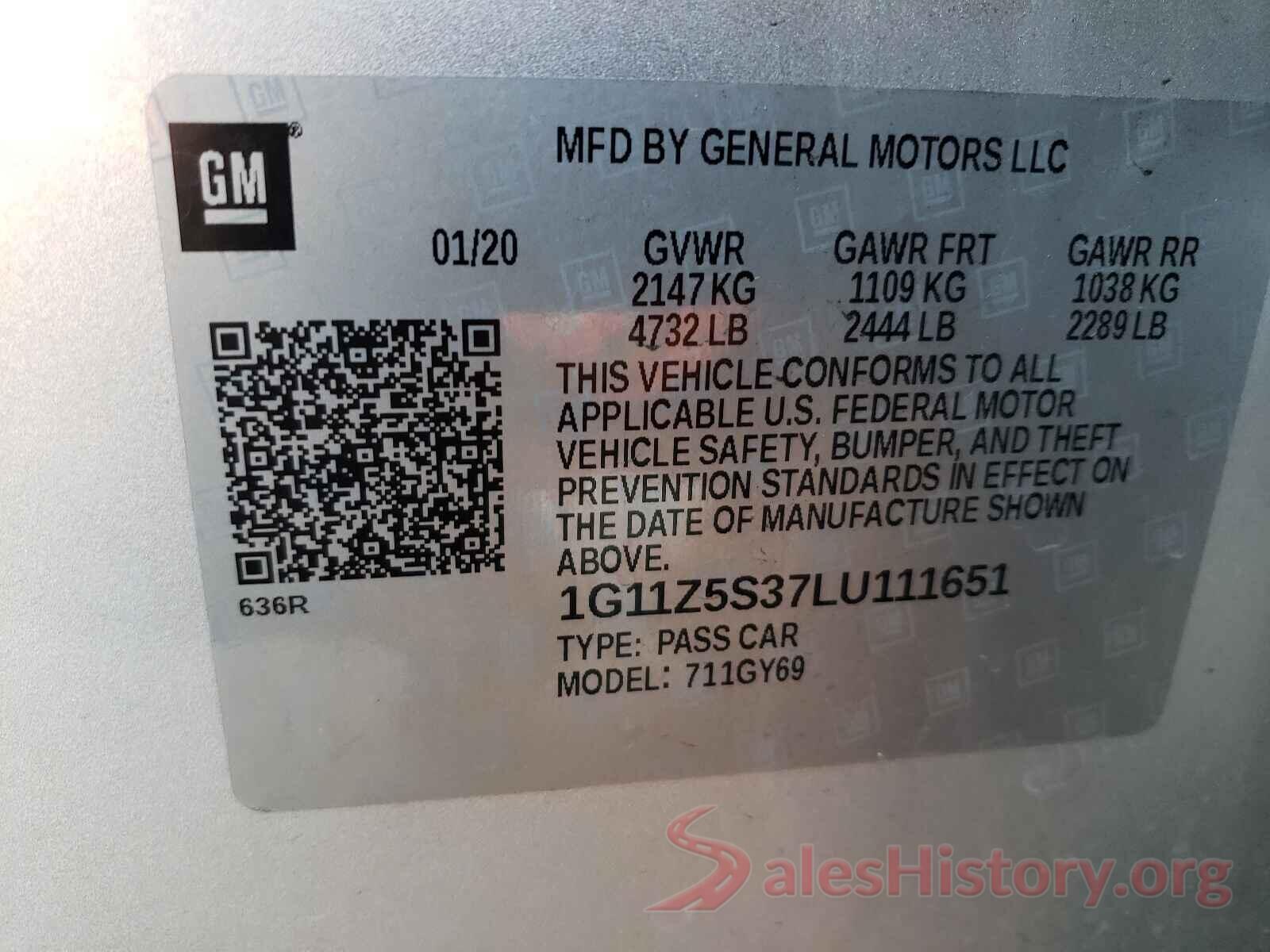 1G11Z5S37LU111651 2020 CHEVROLET IMPALA