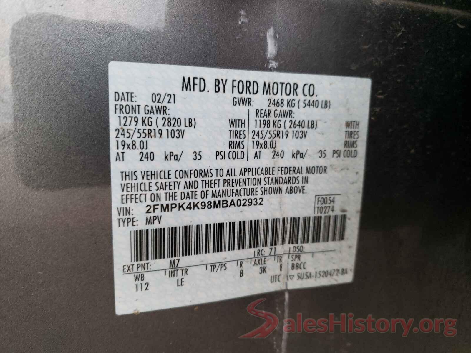 2FMPK4K98MBA02932 2021 FORD EDGE