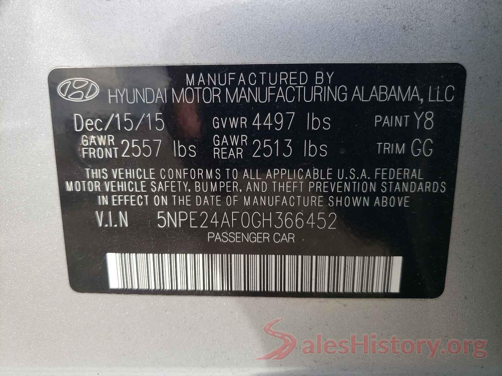 5NPE24AF0GH366452 2016 HYUNDAI SONATA