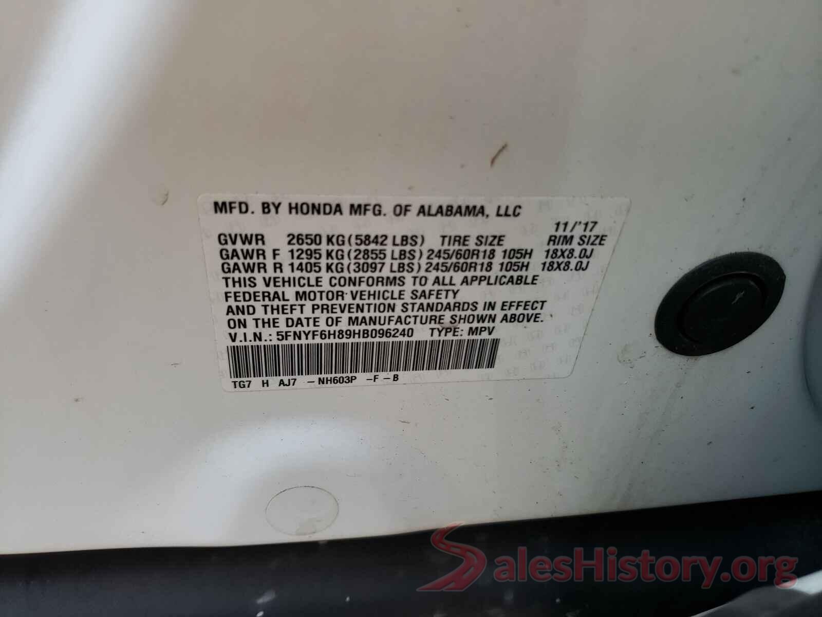 5FNYF6H89HB096240 2017 HONDA PILOT