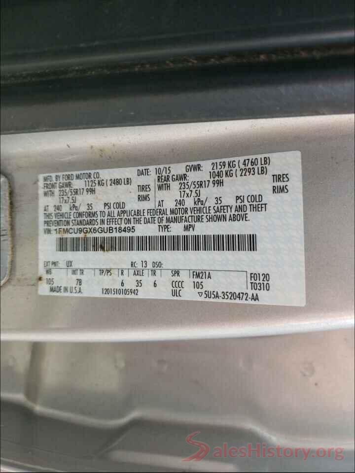 1FMCU9GX6GUB18495 2016 FORD ESCAPE