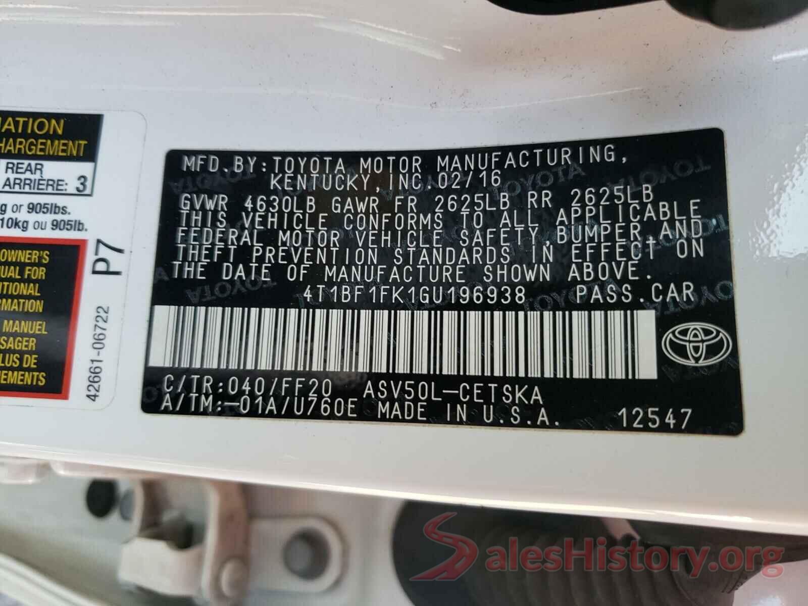 4T1BF1FK1GU196938 2016 TOYOTA CAMRY